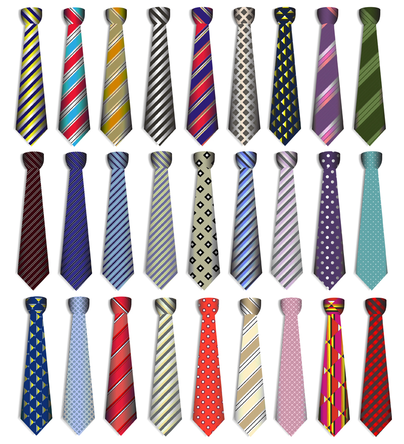 three rows of various patterned neck ties