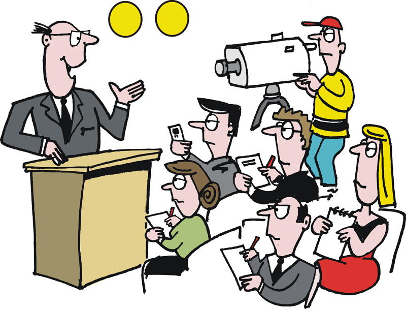 cartoon of a man giving a press release