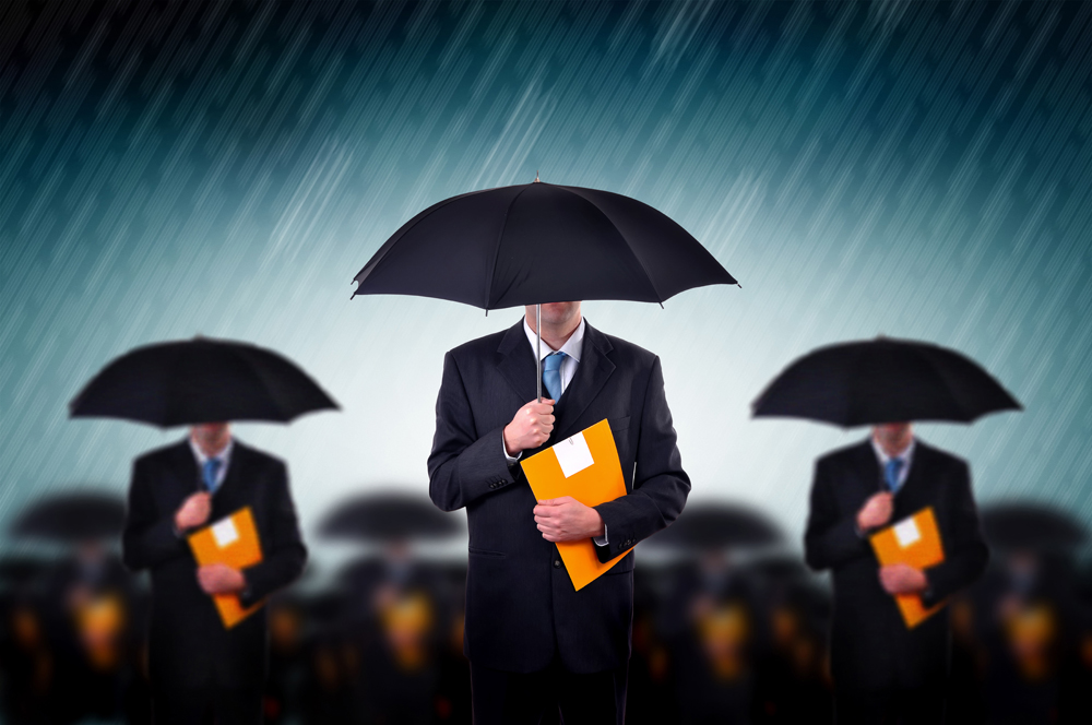 three men standing in the rain each holding an umbrella and a file